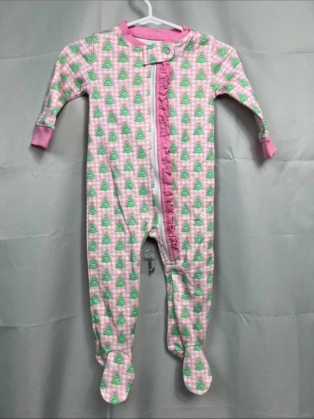 James and Lottie pink gingham Christmas tree one piece zipper footie 9 months